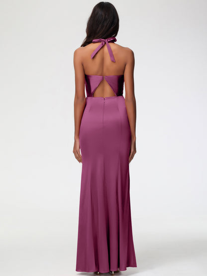 Bridesmaid Dresses Mulberry Halter V-neck Mermaid Ruched Floor Length Stretch Satin Bridesmaid Dress