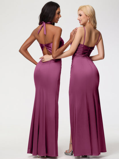 Bridesmaid Dresses Mulberry Halter V-neck Mermaid Ruched Floor Length Stretch Satin Bridesmaid Dress