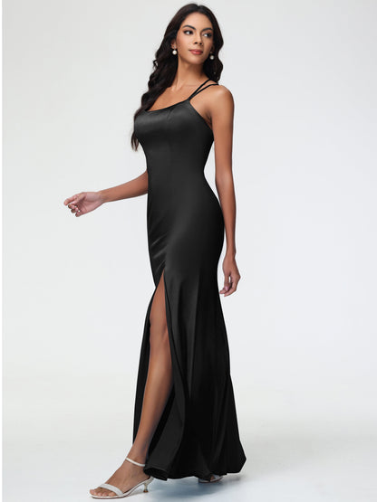 Black Satin Bridesmaid Dresses Mermaid Slit Floor Length Sleeveless Spaghetti Straps Bridesmaid Dress