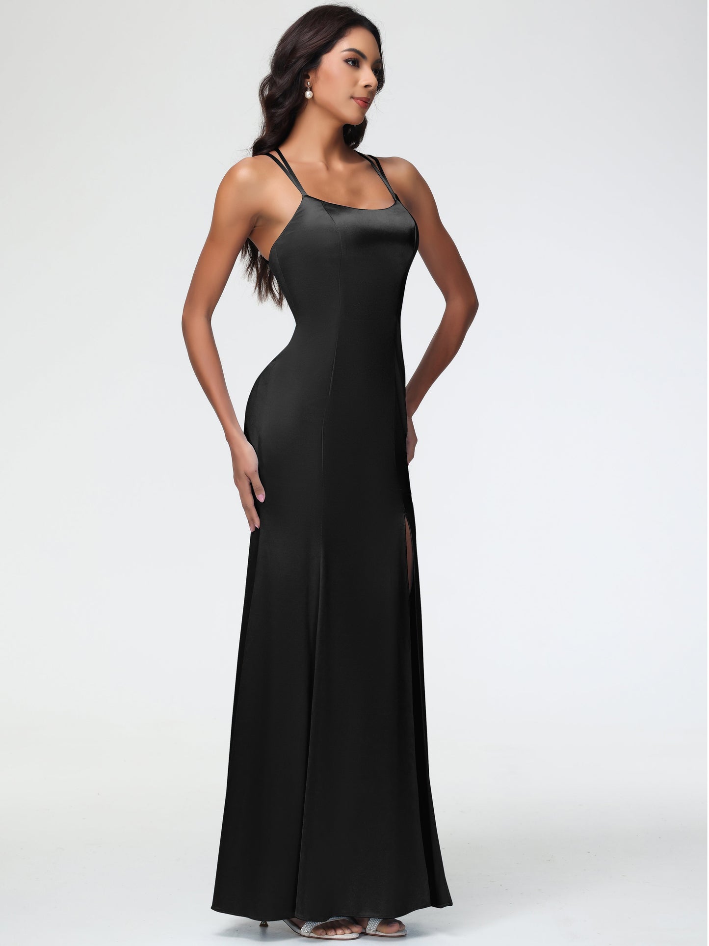 Black Satin Bridesmaid Dresses Mermaid Slit Floor Length Sleeveless Spaghetti Straps Bridesmaid Dress
