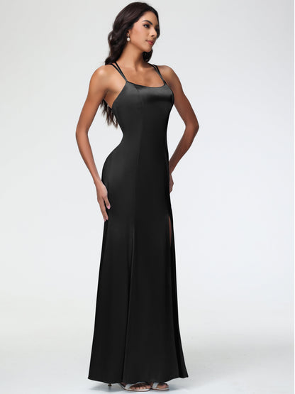Black Satin Bridesmaid Dresses Mermaid Slit Floor Length Sleeveless Spaghetti Straps Bridesmaid Dress