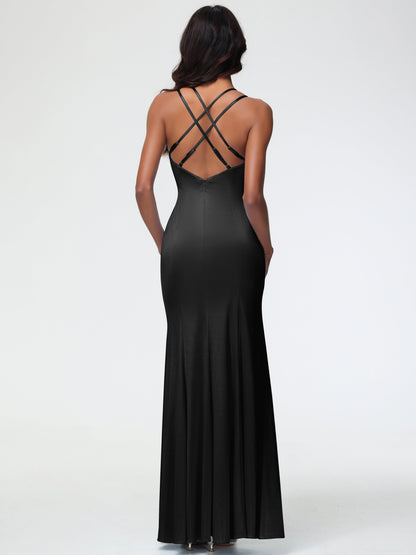 Black Satin Bridesmaid Dresses Mermaid Slit Floor Length Sleeveless Spaghetti Straps Bridesmaid Dress