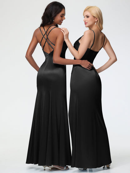 Black Satin Bridesmaid Dresses Mermaid Slit Floor Length Sleeveless Spaghetti Straps Bridesmaid Dress