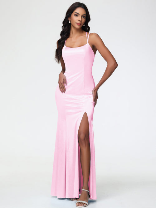 Blush Pink Bridesmaid Dresses Mermaid Slit Floor Length Sleeveless Spaghetti Straps Bridesmaid Dress