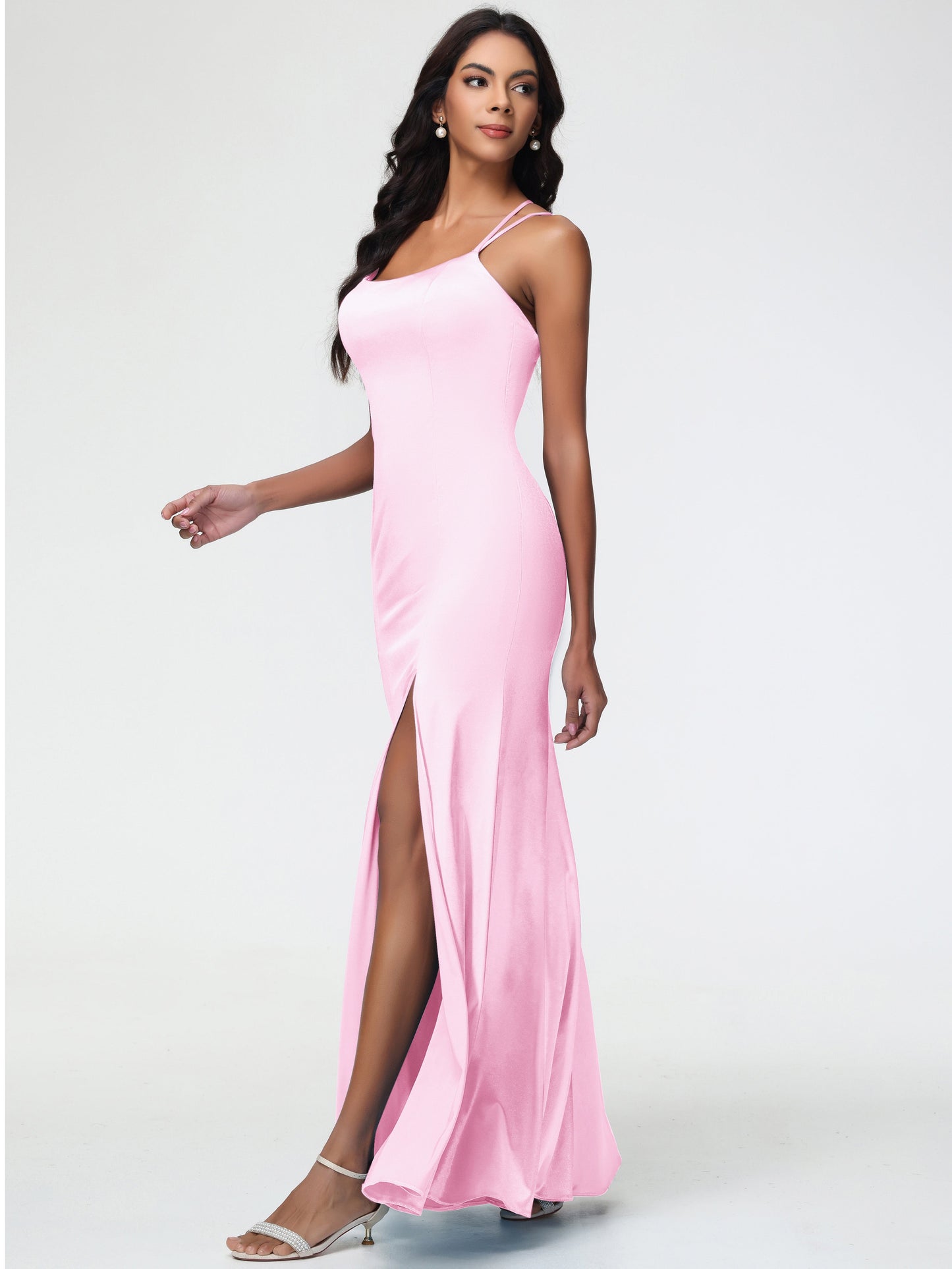 Blush Pink Bridesmaid Dresses Mermaid Slit Floor Length Sleeveless Spaghetti Straps Bridesmaid Dress