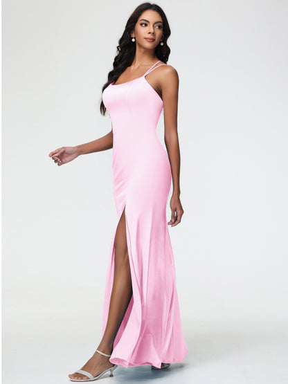 Blush Pink Bridesmaid Dresses Mermaid Slit Floor Length Sleeveless Spaghetti Straps Bridesmaid Dress
