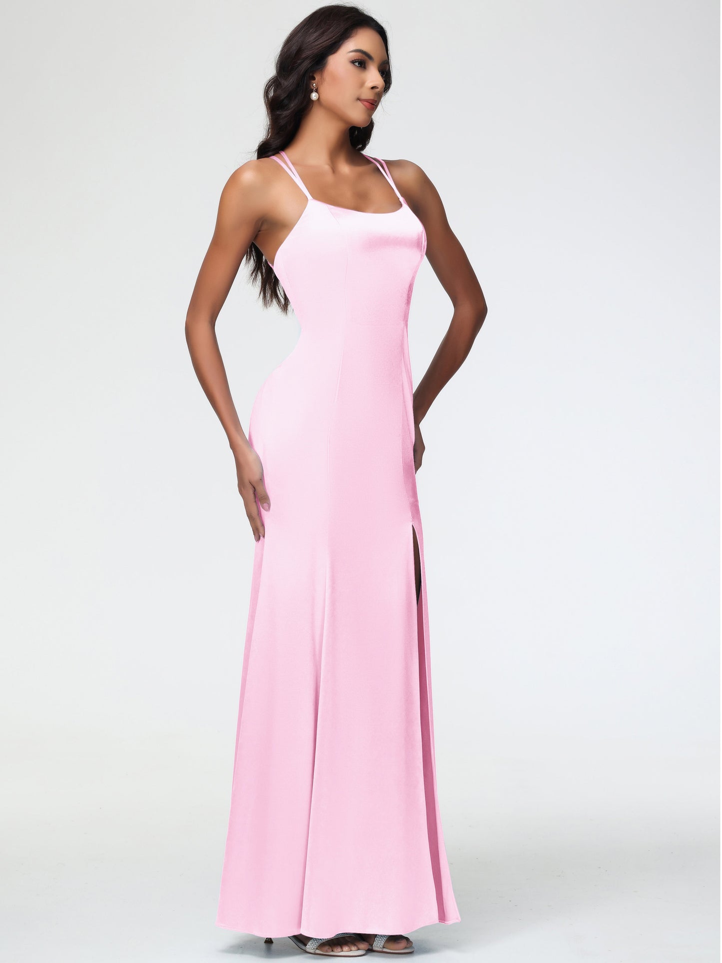 Blush Pink Bridesmaid Dresses Mermaid Slit Floor Length Sleeveless Spaghetti Straps Bridesmaid Dress