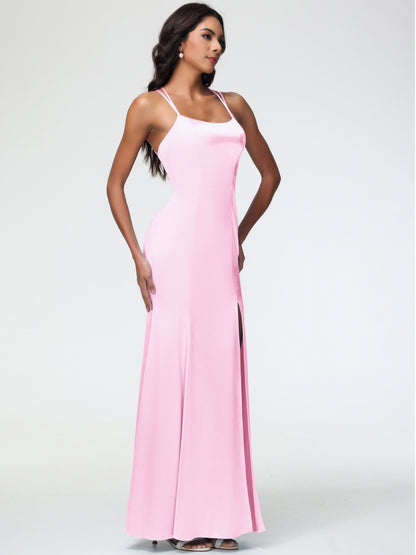 Blush Pink Bridesmaid Dresses Mermaid Slit Floor Length Sleeveless Spaghetti Straps Bridesmaid Dress
