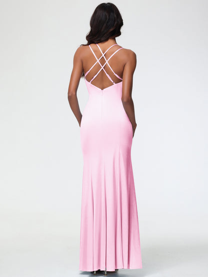 Blush Pink Bridesmaid Dresses Mermaid Slit Floor Length Sleeveless Spaghetti Straps Bridesmaid Dress
