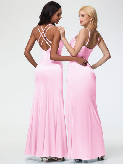 Blush Pink Bridesmaid Dresses Mermaid Slit Floor Length Sleeveless Spaghetti Straps Bridesmaid Dress