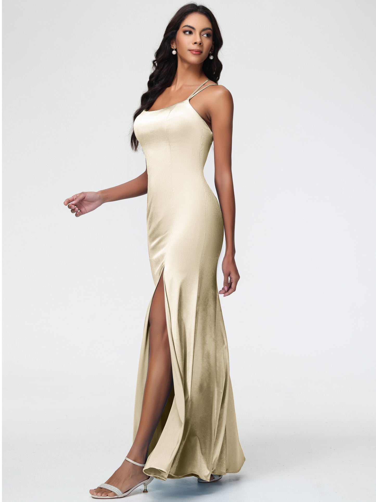 Bridesmaid Champagne Dresses Mermaid Slit Floor Length Sleeveless Spaghetti Straps Bridesmaid Dress
