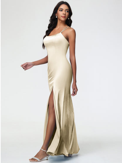 Bridesmaid Champagne Dresses Mermaid Slit Floor Length Sleeveless Spaghetti Straps Bridesmaid Dress