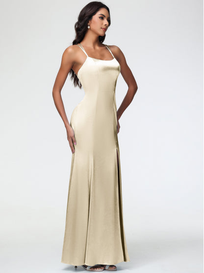 Bridesmaid Champagne Dresses Mermaid Slit Floor Length Sleeveless Spaghetti Straps Bridesmaid Dress
