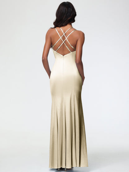 Bridesmaid Champagne Dresses Mermaid Slit Floor Length Sleeveless Spaghetti Straps Bridesmaid Dress
