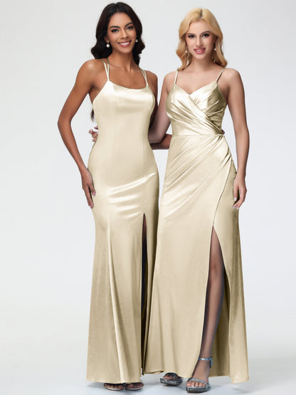 Bridesmaid Champagne Dresses Mermaid Slit Floor Length Sleeveless Spaghetti Straps Bridesmaid Dress