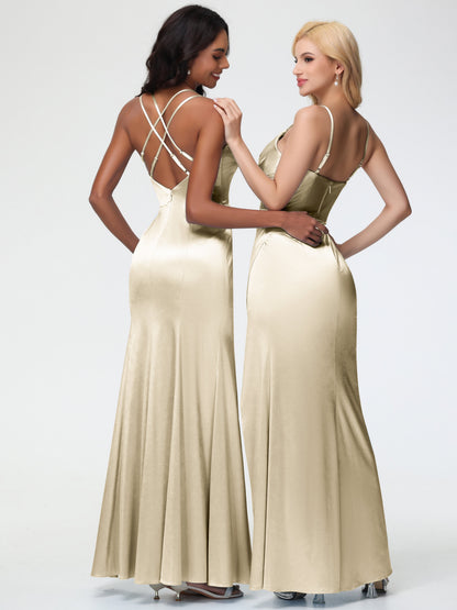 Bridesmaid Champagne Dresses Mermaid Slit Floor Length Sleeveless Spaghetti Straps Bridesmaid Dress