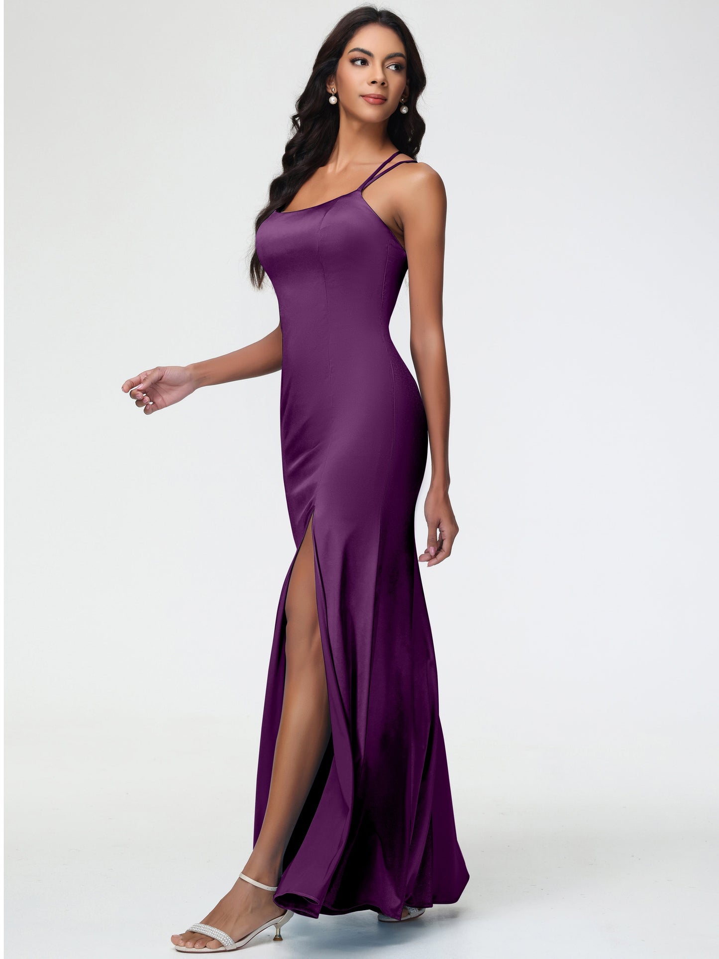 Bridesmaid Dresses Grape Mermaid Slit Floor Length Sleeveless Spaghetti Straps Bridesmaid Dress