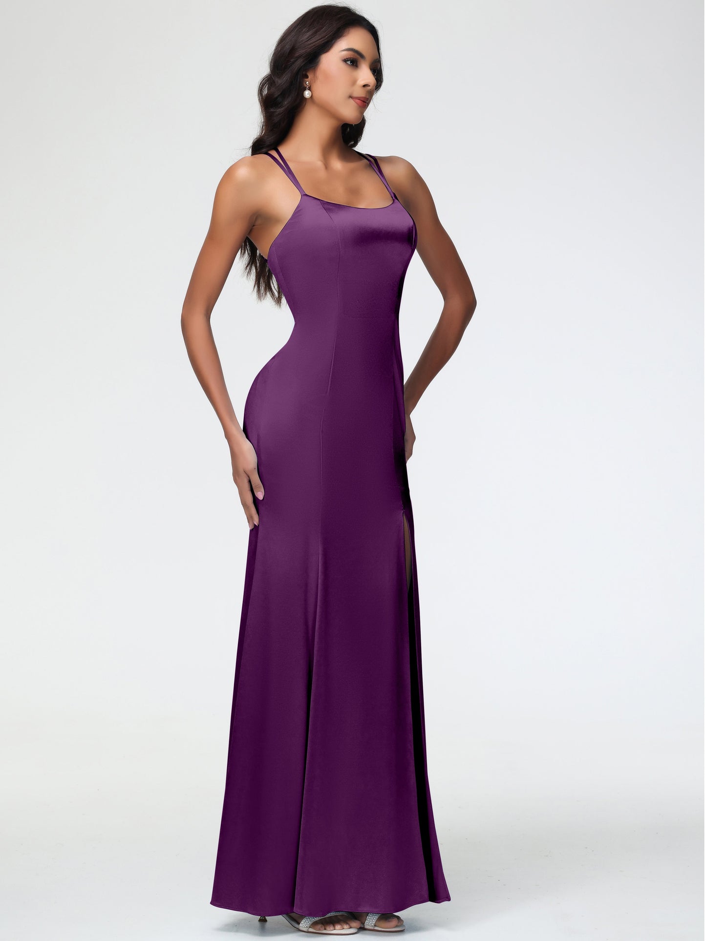 Bridesmaid Dresses Grape Mermaid Slit Floor Length Sleeveless Spaghetti Straps Bridesmaid Dress