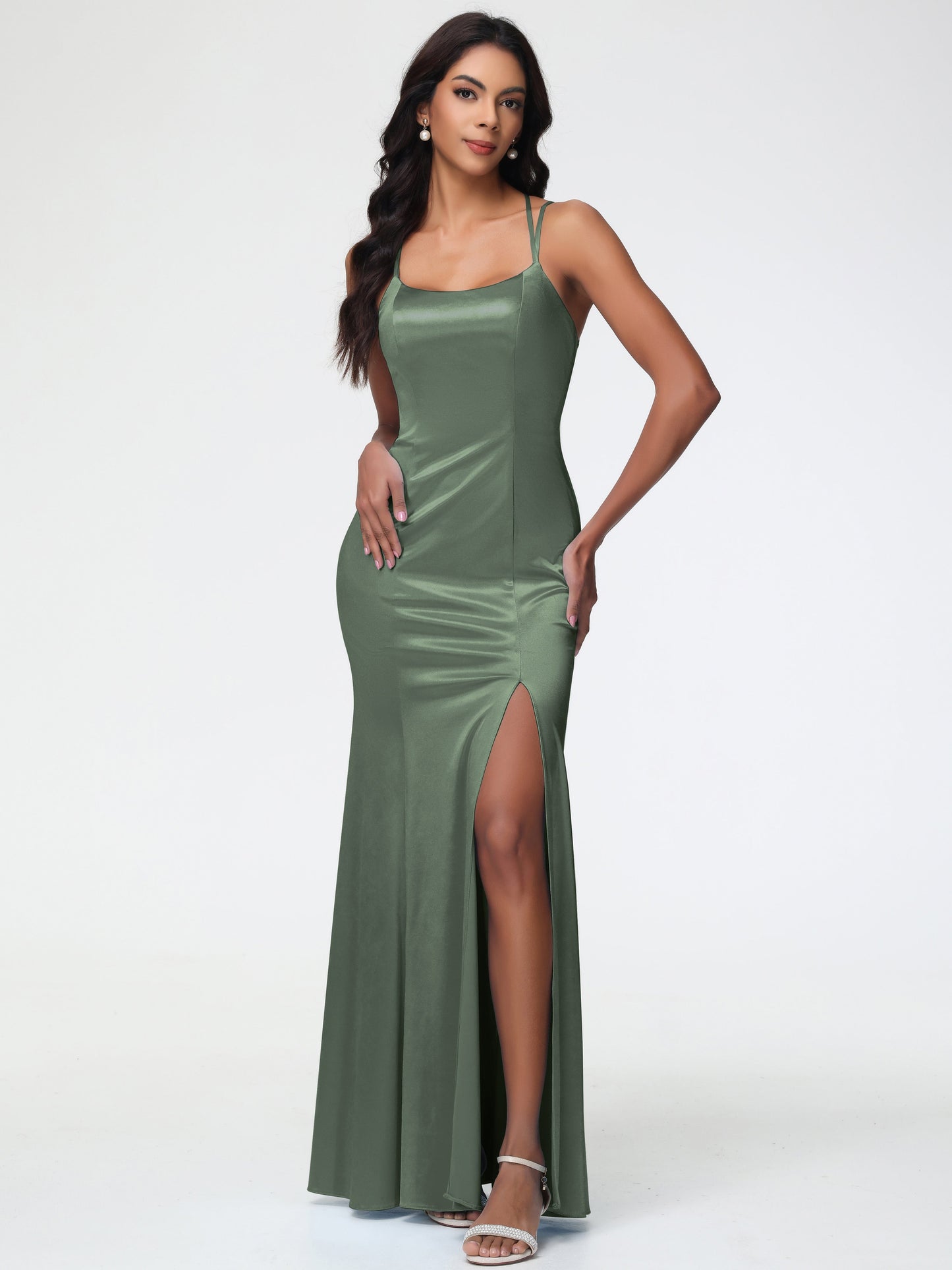 Bridesmaid Dresses Olive Green Mermaid Slit Floor Length Sleeveless Spaghetti Straps Bridesmaid Dress