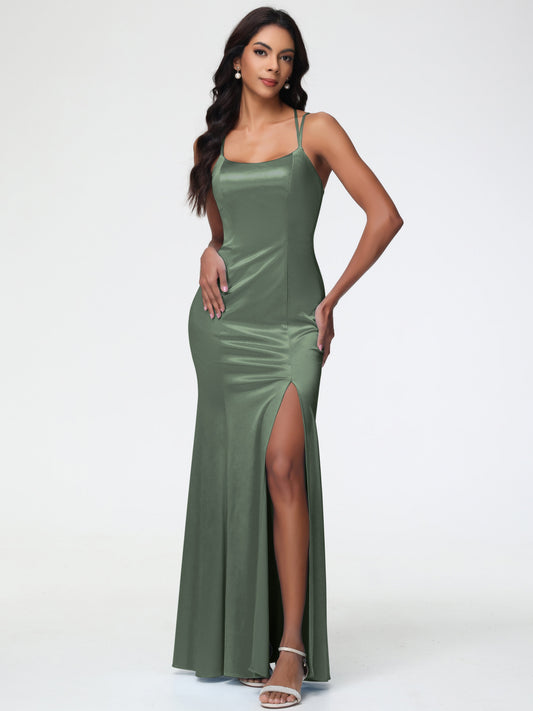 Bridesmaid Dresses Olive Green Mermaid Slit Floor Length Sleeveless Spaghetti Straps Bridesmaid Dress