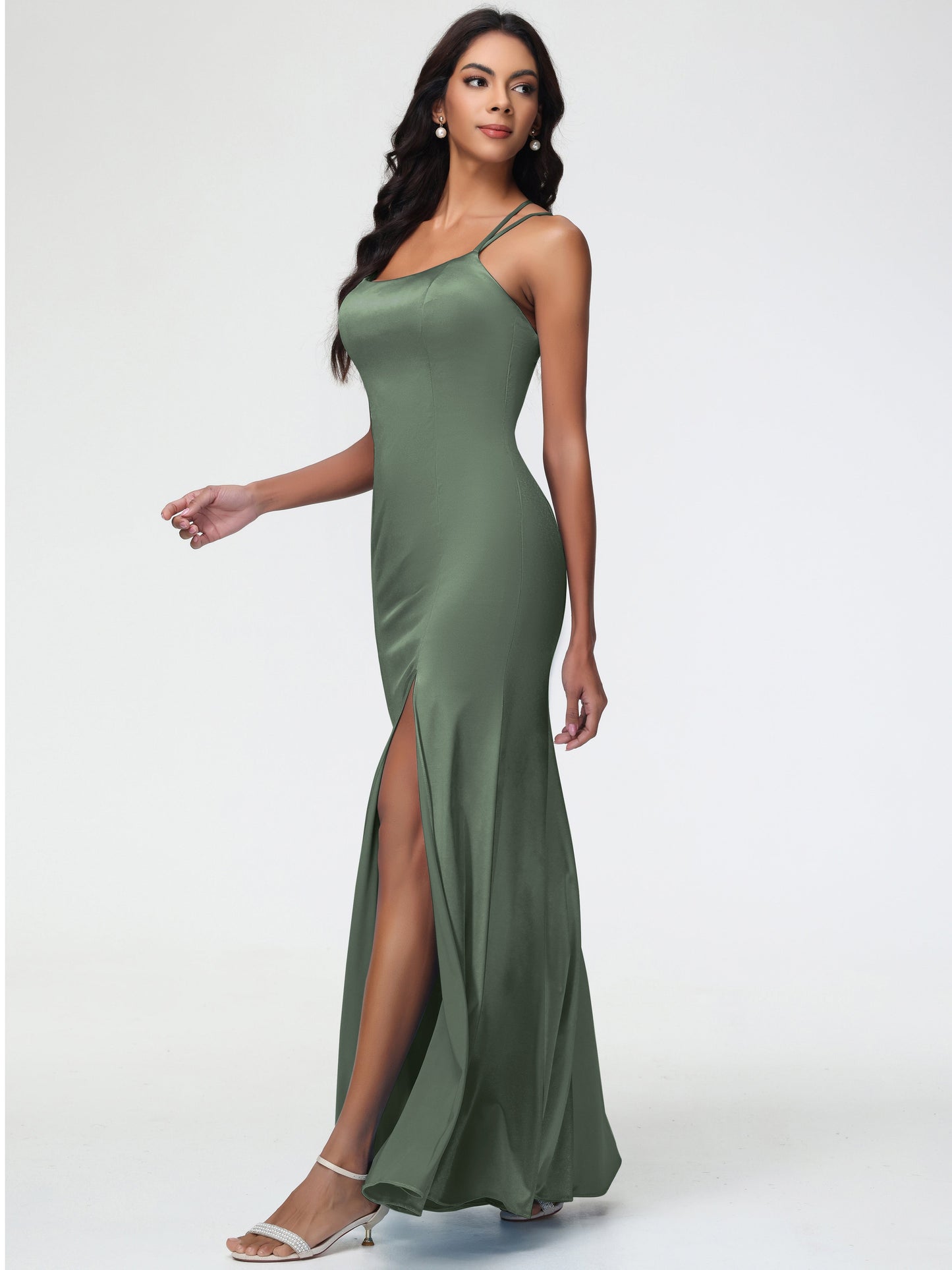 Bridesmaid Dresses Olive Green Mermaid Slit Floor Length Sleeveless Spaghetti Straps Bridesmaid Dress