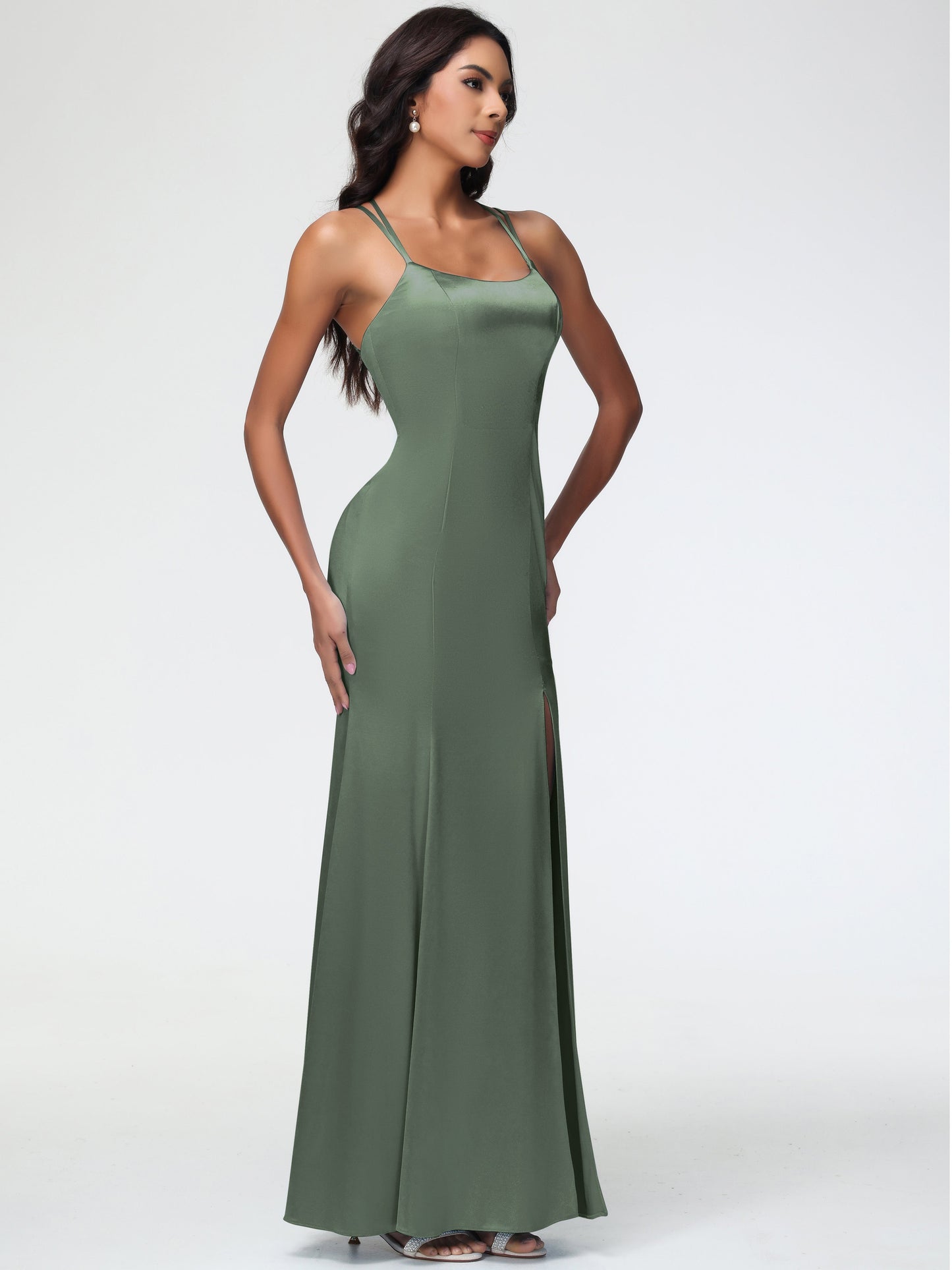 Bridesmaid Dresses Olive Green Mermaid Slit Floor Length Sleeveless Spaghetti Straps Bridesmaid Dress