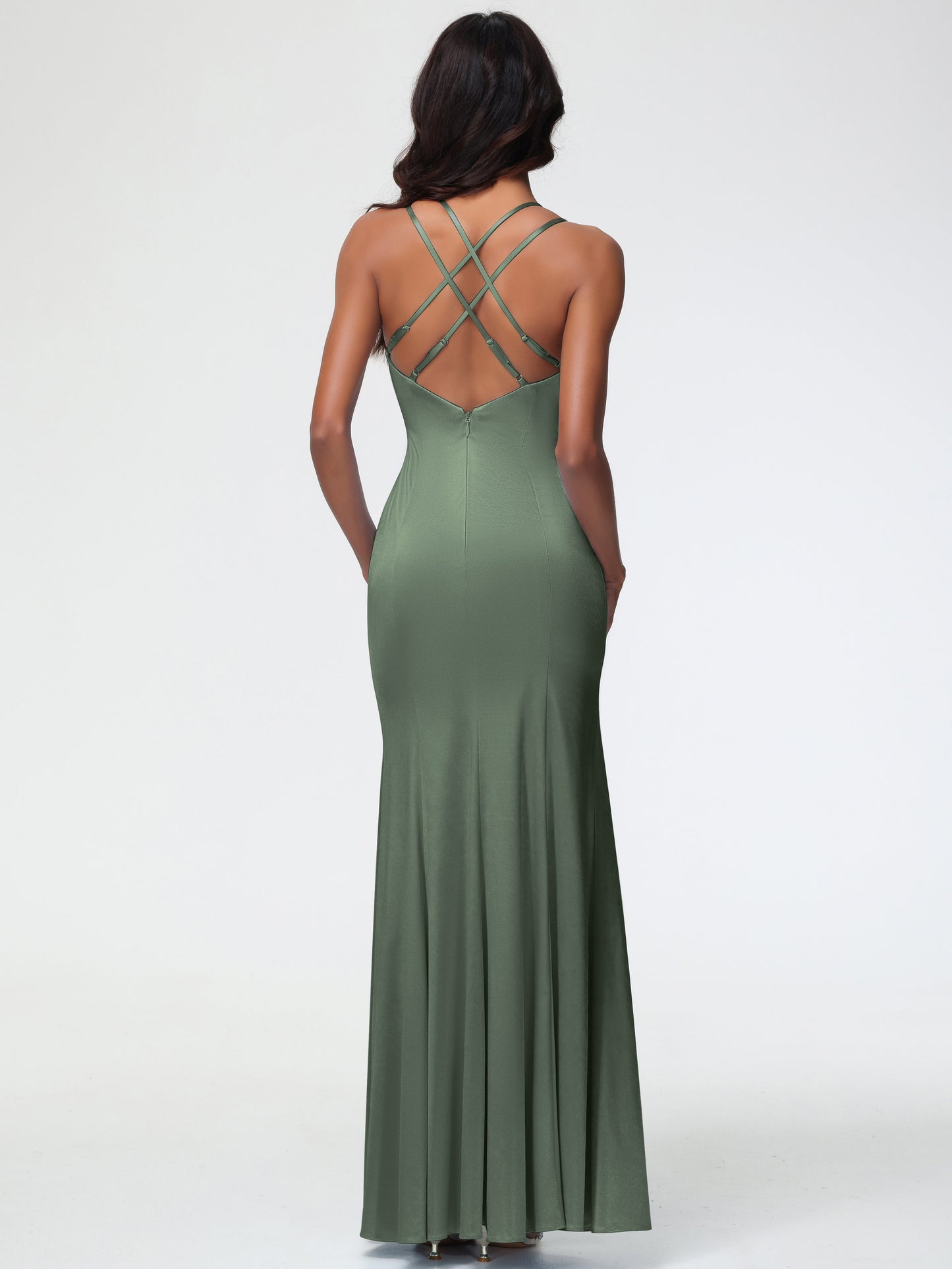 Bridesmaid Dresses Olive Green Mermaid Slit Floor Length Sleeveless Spaghetti Straps Bridesmaid Dress