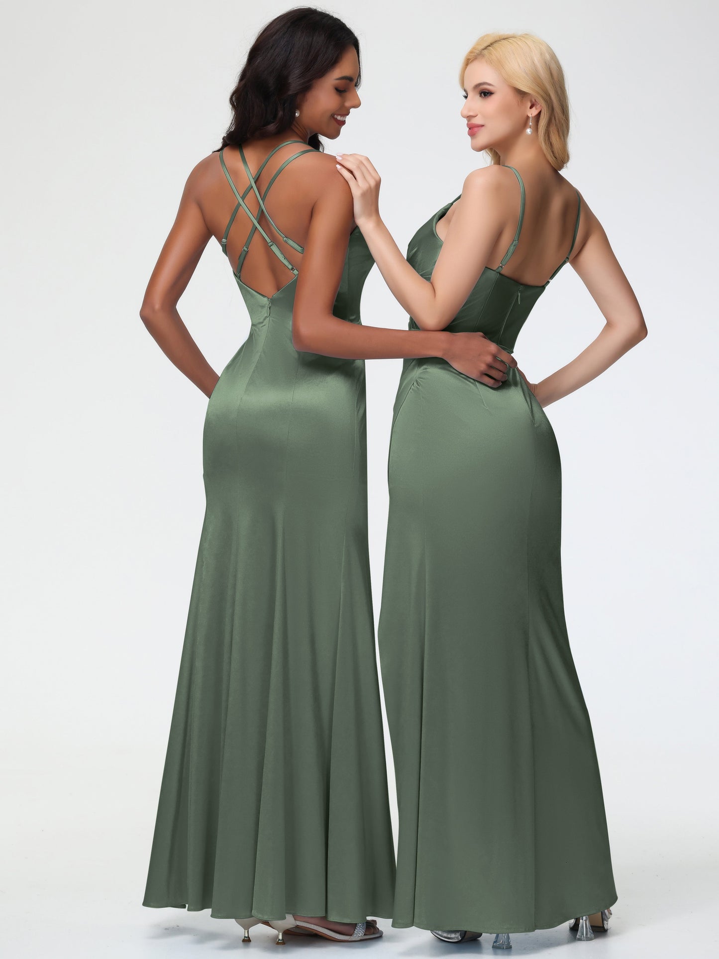 Bridesmaid Dresses Olive Green Mermaid Slit Floor Length Sleeveless Spaghetti Straps Bridesmaid Dress
