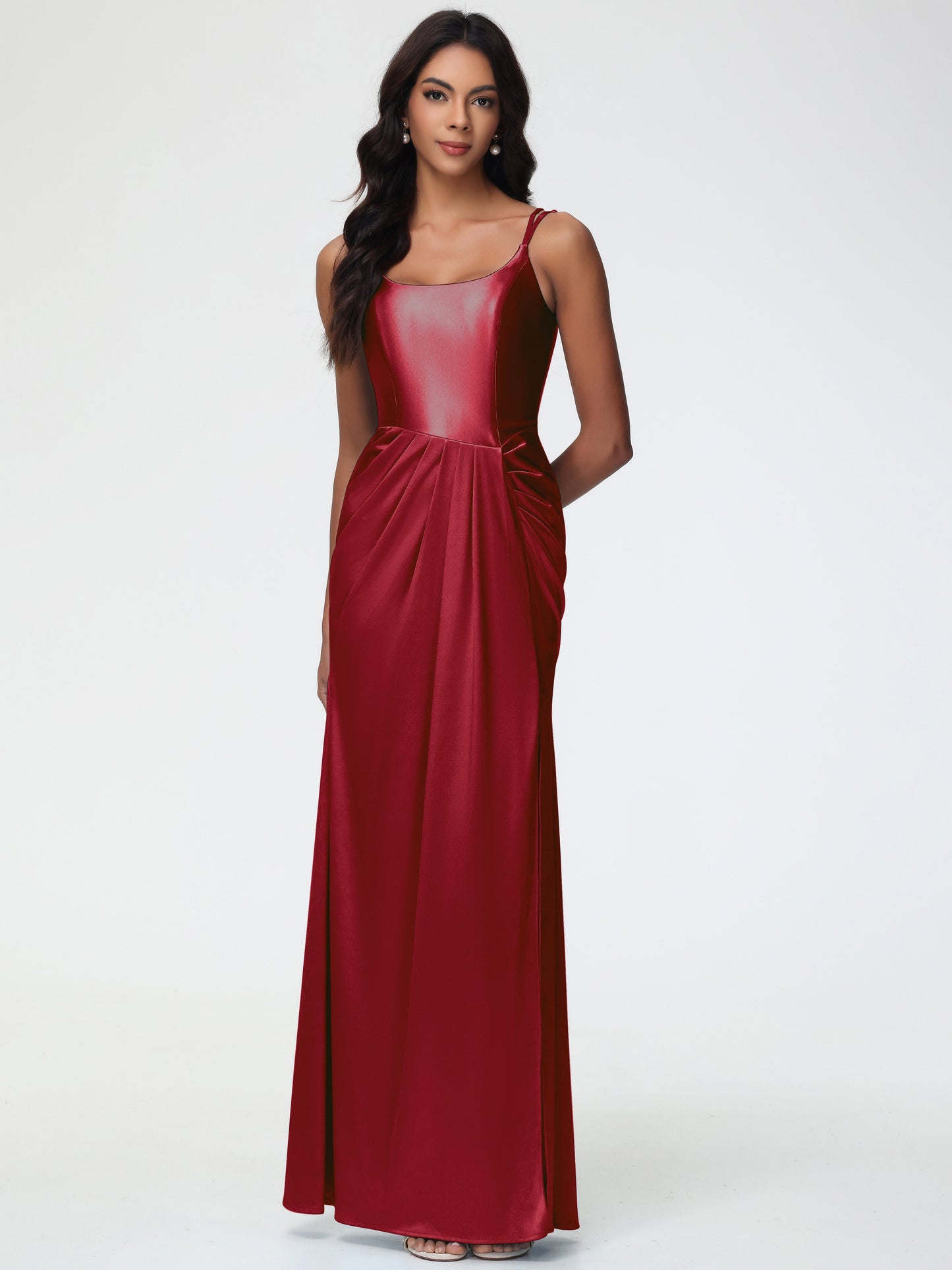 Women'S Burgundy Bridesmaid Dresses Chic Stretch Satin Sheath/Column Spaghetti Straps Bridesmaid Dress With Slit