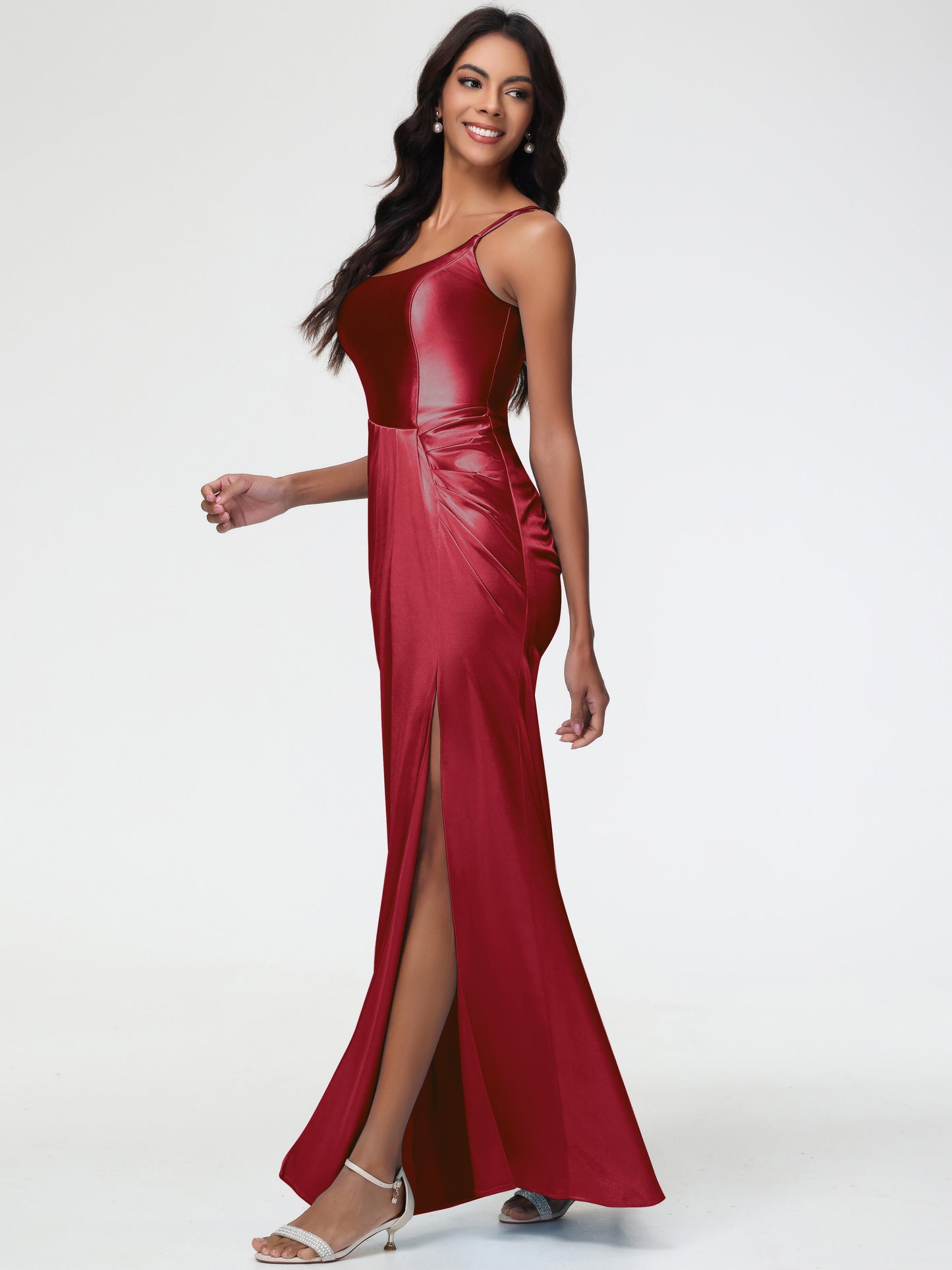 Women'S Burgundy Bridesmaid Dresses Chic Stretch Satin Sheath/Column Spaghetti Straps Bridesmaid Dress With Slit
