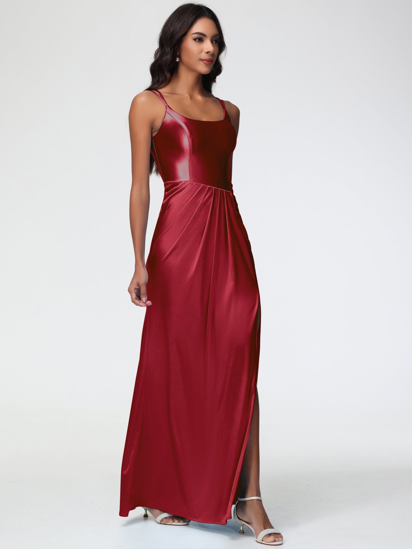 Women'S Burgundy Bridesmaid Dresses Chic Stretch Satin Sheath/Column Spaghetti Straps Bridesmaid Dress With Slit