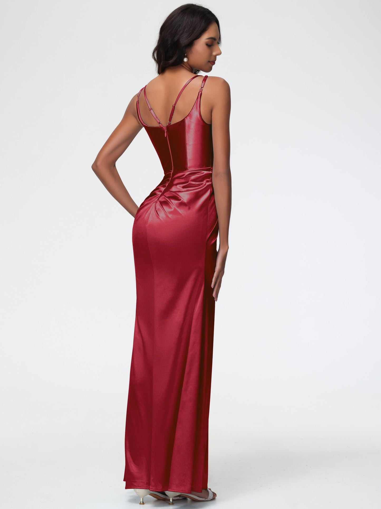 Women'S Burgundy Bridesmaid Dresses Chic Stretch Satin Sheath/Column Spaghetti Straps Bridesmaid Dress With Slit