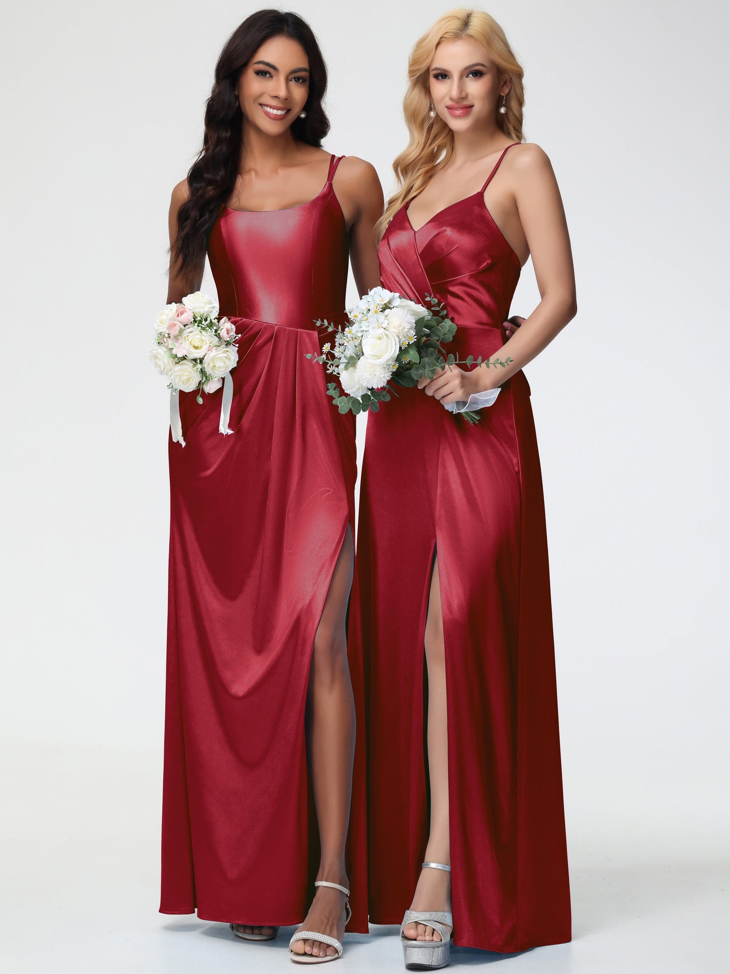 Women'S Burgundy Bridesmaid Dresses Chic Stretch Satin Sheath/Column Spaghetti Straps Bridesmaid Dress With Slit