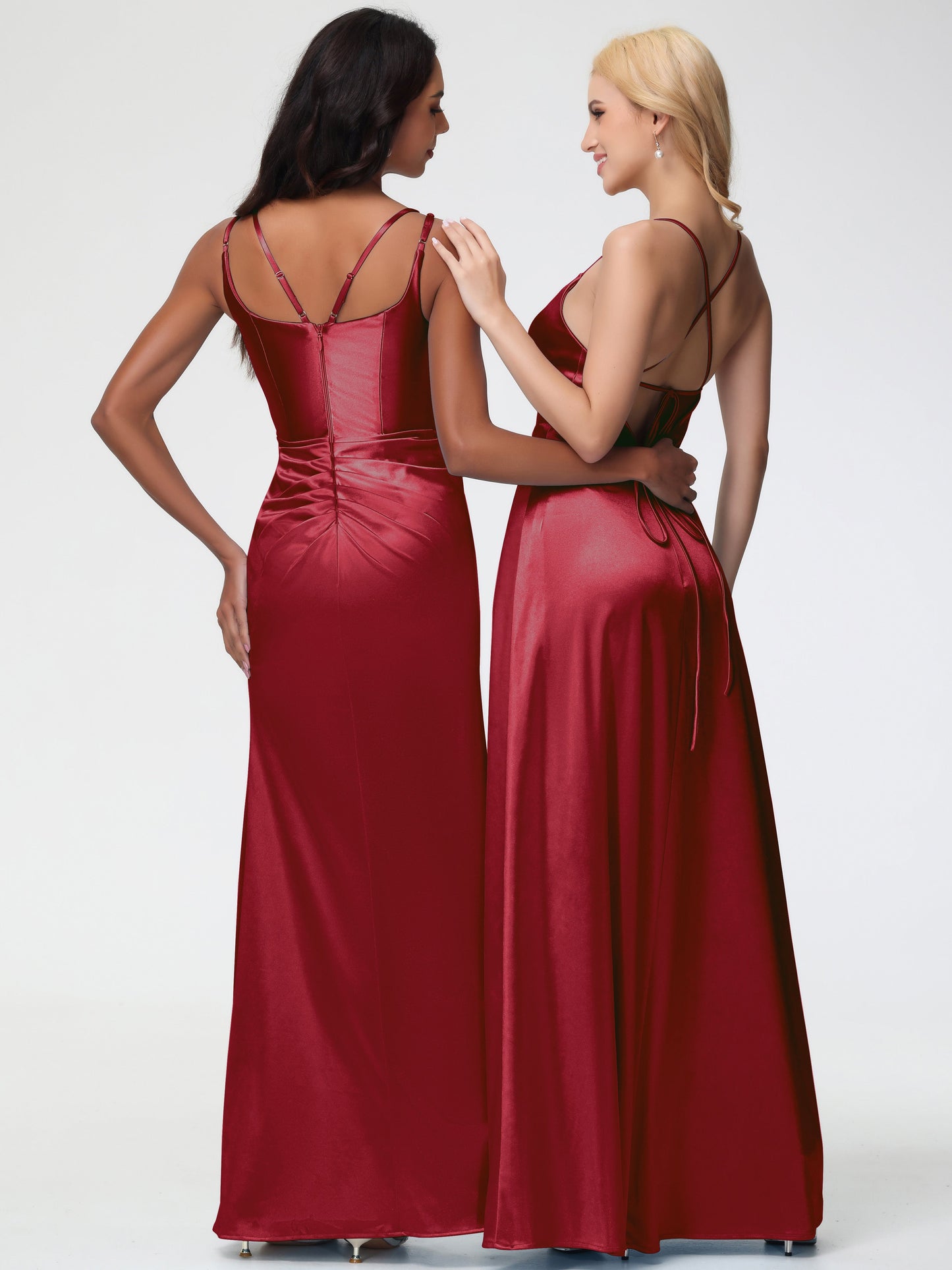 Women'S Burgundy Bridesmaid Dresses Chic Stretch Satin Sheath/Column Spaghetti Straps Bridesmaid Dress With Slit