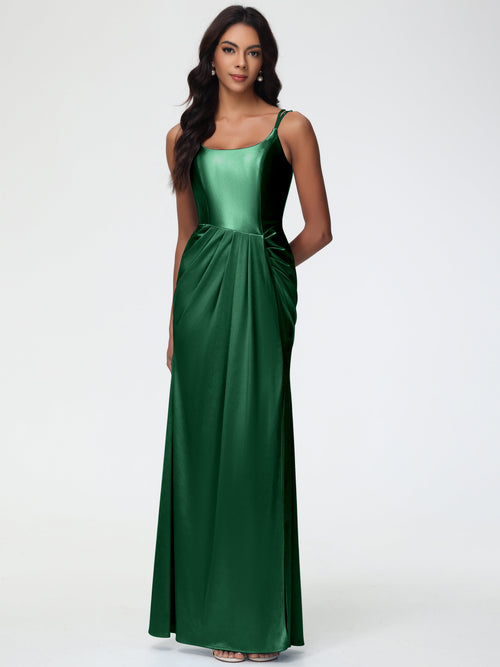 Women'S Dark Green Bridesmaid Dresses Chic Stretch Satin Sheath/Column Spaghetti Straps Bridesmaid Dress With Slit
