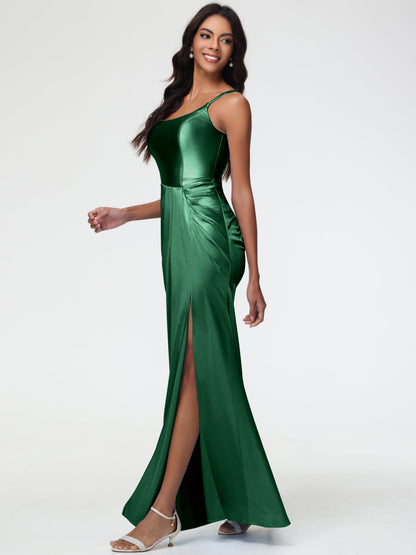 Women'S Dark Green Bridesmaid Dresses Chic Stretch Satin Sheath/Column Spaghetti Straps Bridesmaid Dress With Slit