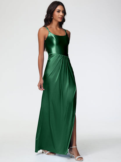 Women'S Dark Green Bridesmaid Dresses Chic Stretch Satin Sheath/Column Spaghetti Straps Bridesmaid Dress With Slit