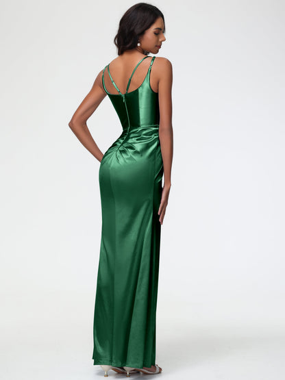 Women'S Dark Green Bridesmaid Dresses Chic Stretch Satin Sheath/Column Spaghetti Straps Bridesmaid Dress With Slit