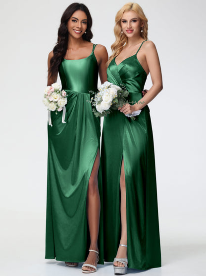 Women'S Dark Green Bridesmaid Dresses Chic Stretch Satin Sheath/Column Spaghetti Straps Bridesmaid Dress With Slit