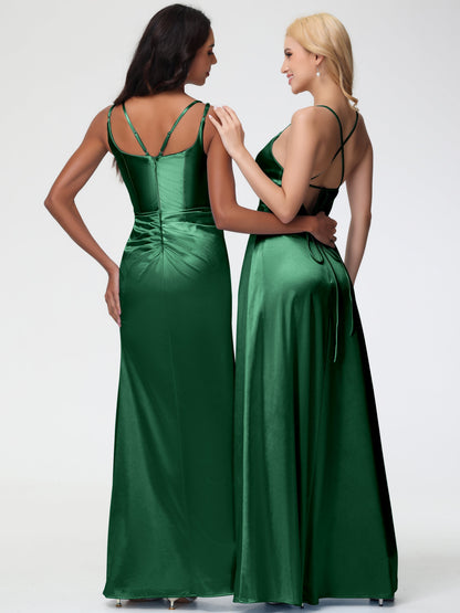 Women'S Dark Green Bridesmaid Dresses Chic Stretch Satin Sheath/Column Spaghetti Straps Bridesmaid Dress With Slit