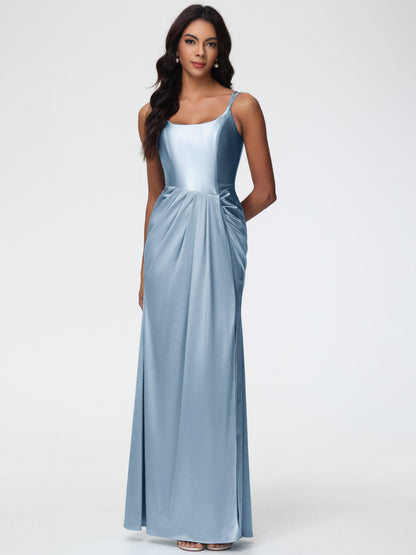 Satin Dusty Blue Bridesmaid Dresses Chic Stretch Satin Sheath/Column Spaghetti Straps Bridesmaid Dress With Slit
