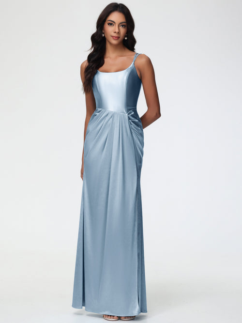 Satin Dusty Blue Bridesmaid Dresses Chic Stretch Satin Sheath/Column Spaghetti Straps Bridesmaid Dress With Slit