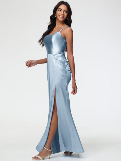 Satin Dusty Blue Bridesmaid Dresses Chic Stretch Satin Sheath/Column Spaghetti Straps Bridesmaid Dress With Slit