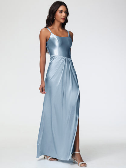 Satin Dusty Blue Bridesmaid Dresses Chic Stretch Satin Sheath/Column Spaghetti Straps Bridesmaid Dress With Slit