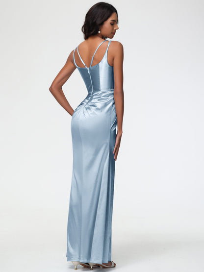 Satin Dusty Blue Bridesmaid Dresses Chic Stretch Satin Sheath/Column Spaghetti Straps Bridesmaid Dress With Slit