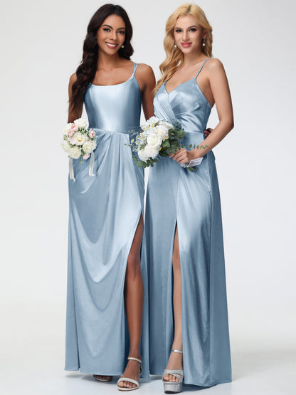 Satin Dusty Blue Bridesmaid Dresses Chic Stretch Satin Sheath/Column Spaghetti Straps Bridesmaid Dress With Slit