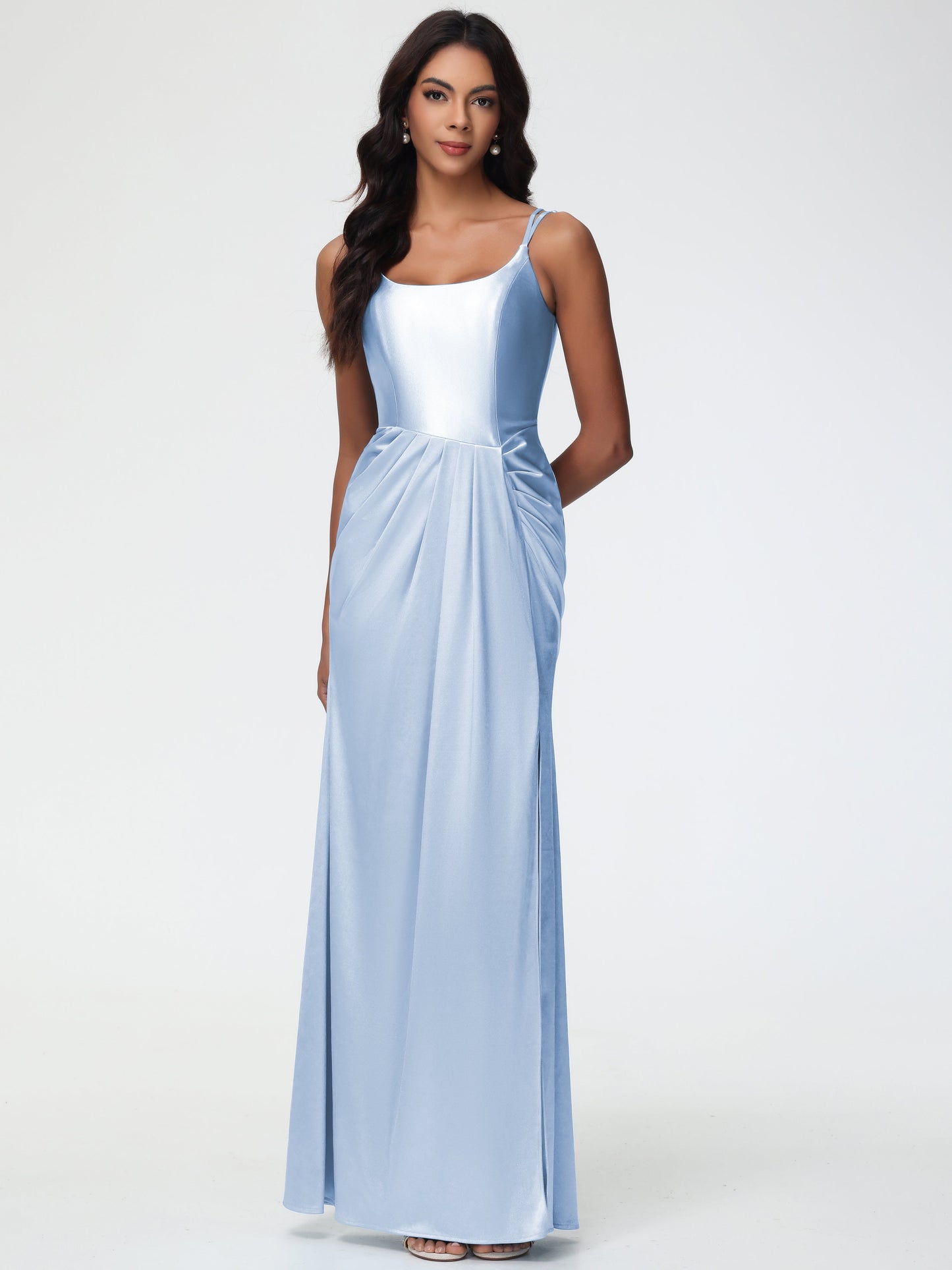 Skyblue Bridesmaid Dresses Chic Stretch Satin Sheath/Column Spaghetti Straps Bridesmaid Dress With Slit