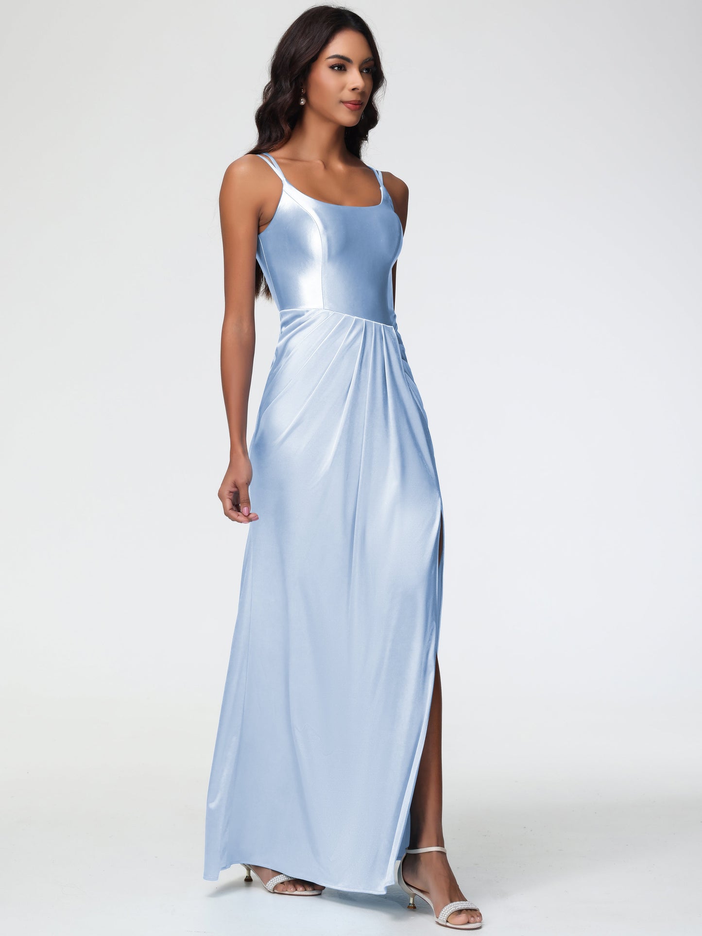 Skyblue Bridesmaid Dresses Chic Stretch Satin Sheath/Column Spaghetti Straps Bridesmaid Dress With Slit