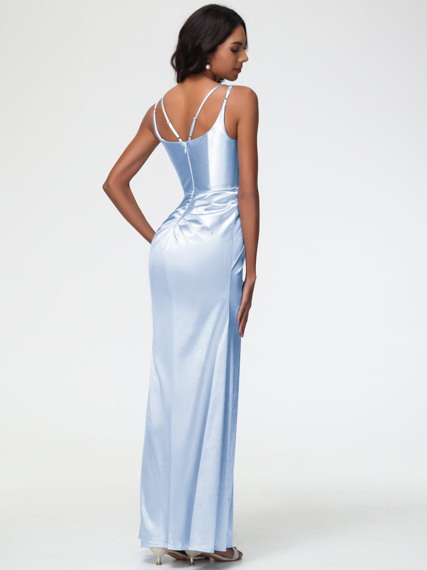 Skyblue Bridesmaid Dresses Chic Stretch Satin Sheath/Column Spaghetti Straps Bridesmaid Dress With Slit