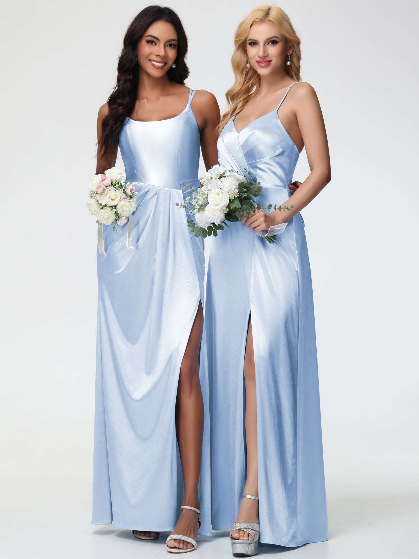 Skyblue Bridesmaid Dresses Chic Stretch Satin Sheath/Column Spaghetti Straps Bridesmaid Dress With Slit